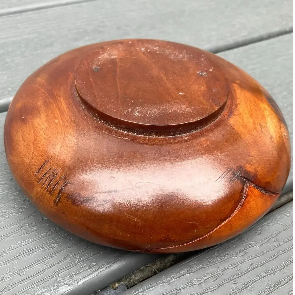 Vintage 60s 70s hand carved teak small wood bowl with carved pineapple, bohemian